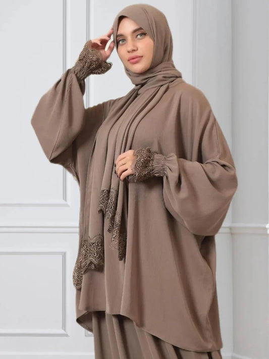 Robe de prière deux pièces avec hijab intégré - Tissu crêpe