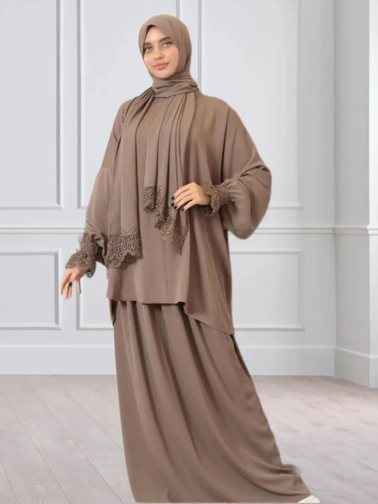 Robe de prière deux pièces avec hijab intégré - Tissu crêpe